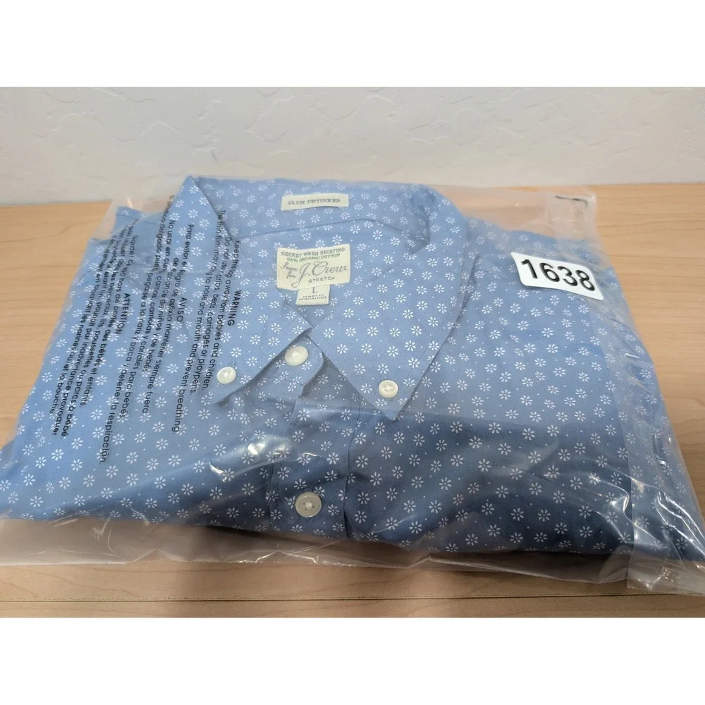 J. Crew Mens Large Slim Untucked Secret Wash Shirt Blue Floral Daisy Stretch L
